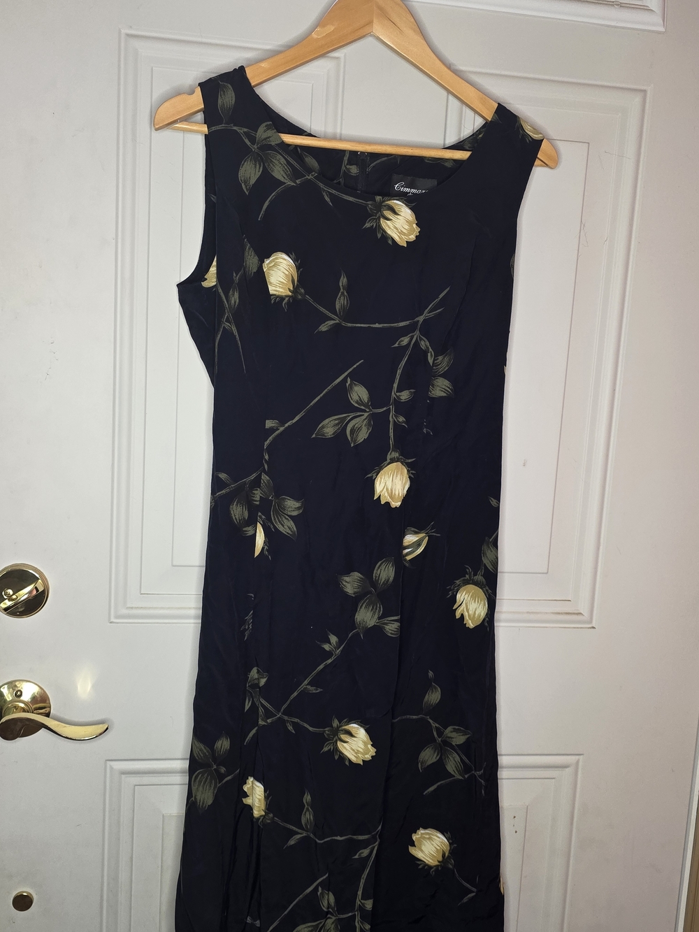 90s Cimmaron Black Midi Dress with Yellow Floral Print